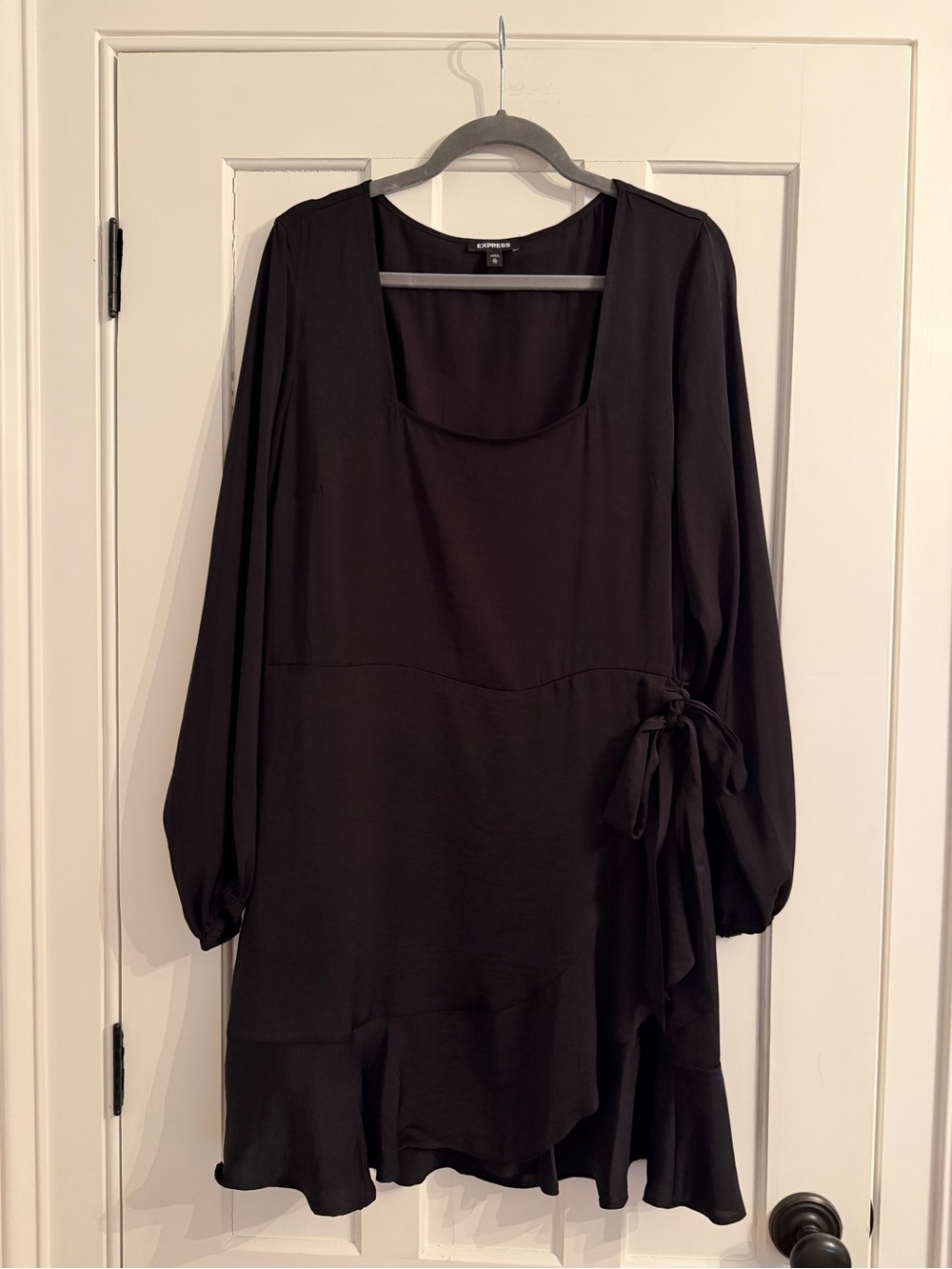 Express Black Satin Long Sleeve Scoop-Neck Tie Dress
